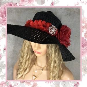 🌺 FLOPPY HAT FLOWER BLING FLORAL SUN BLOCKER BEACH ROSE SUMMER BLACK POOL BOHO